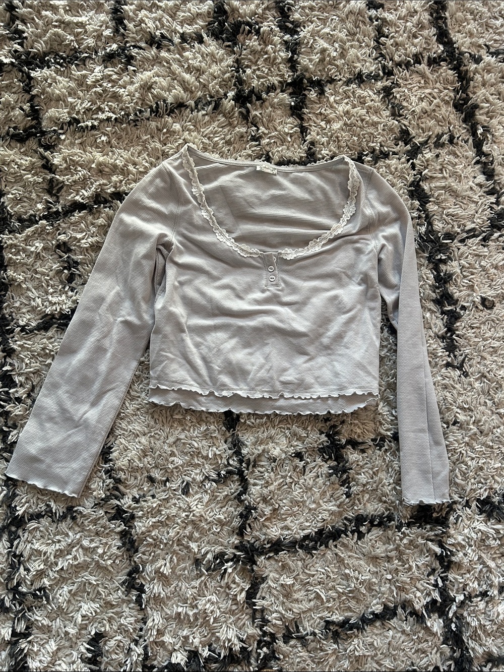 Free People Lace-Trim Ribbed Long Sleeve Crop Top - Light Gray
